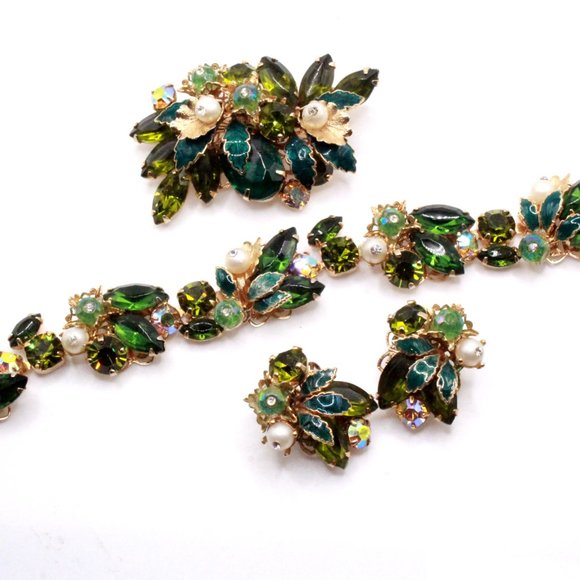 Weiss Signed AB Crystals Enamel Brooch Bracelet Earrings Parure Set - Picture 2 of 7